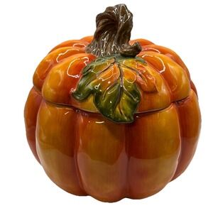BETTER HOMES & GARDEN CERAMIC PUMPKIN HALLOWEEN AUTUMN COOKIE CANDY JAR DISPLAY